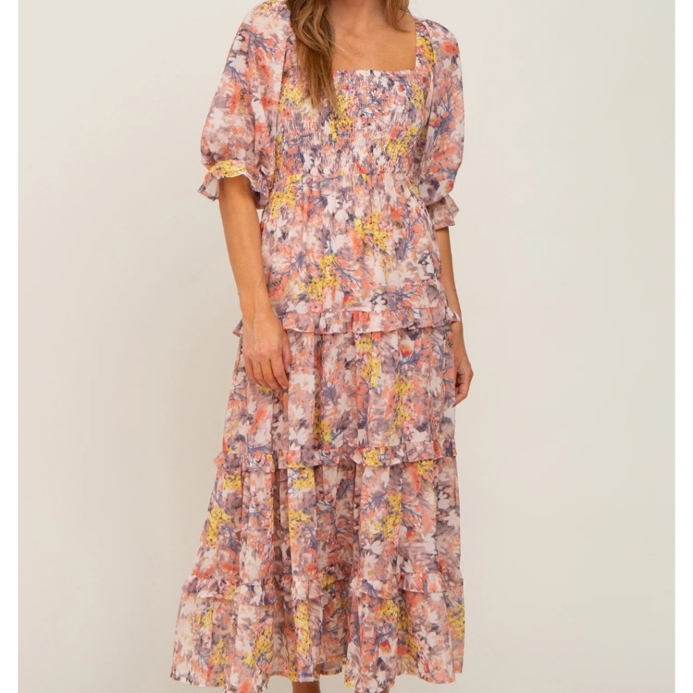 Pinkblush Floral Tiered Midi Dress in Pink and Yellow